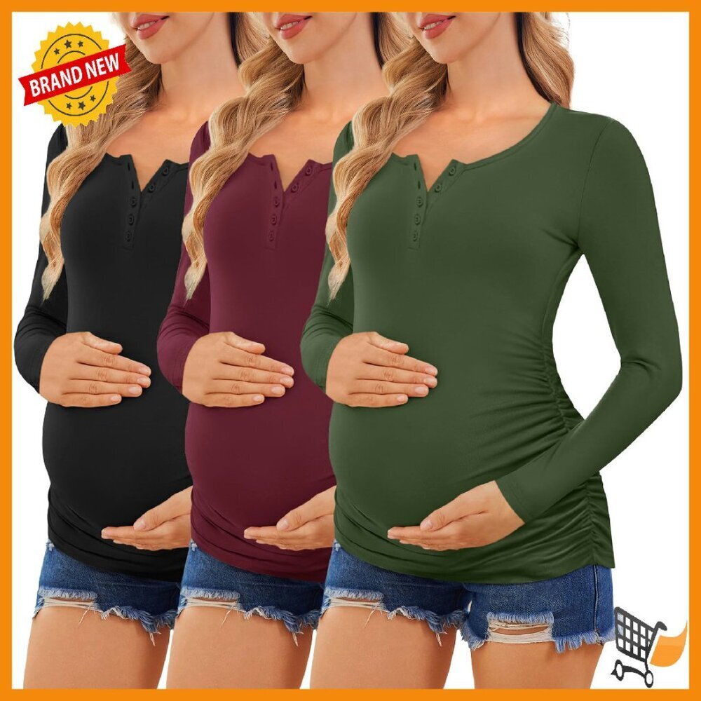 3 Pack Maternity Long Sleeve Button Down Tops Scoop Neck Tees